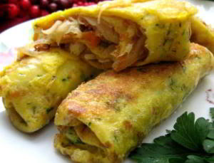 Блинчики с тушеной капустой и белыми грибами