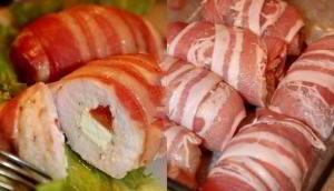 Рулетики из куриного филе с сыром "Фета" и помидорами, в беконе