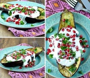 Запечённые баклажаны в духовке с чесноком, гранатом и соусом кешью